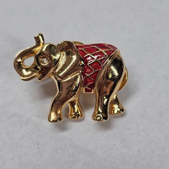 Vintage Gold-Tone Elephant Lapel Pin With Red Enamel Accents - Picture 1 of 4